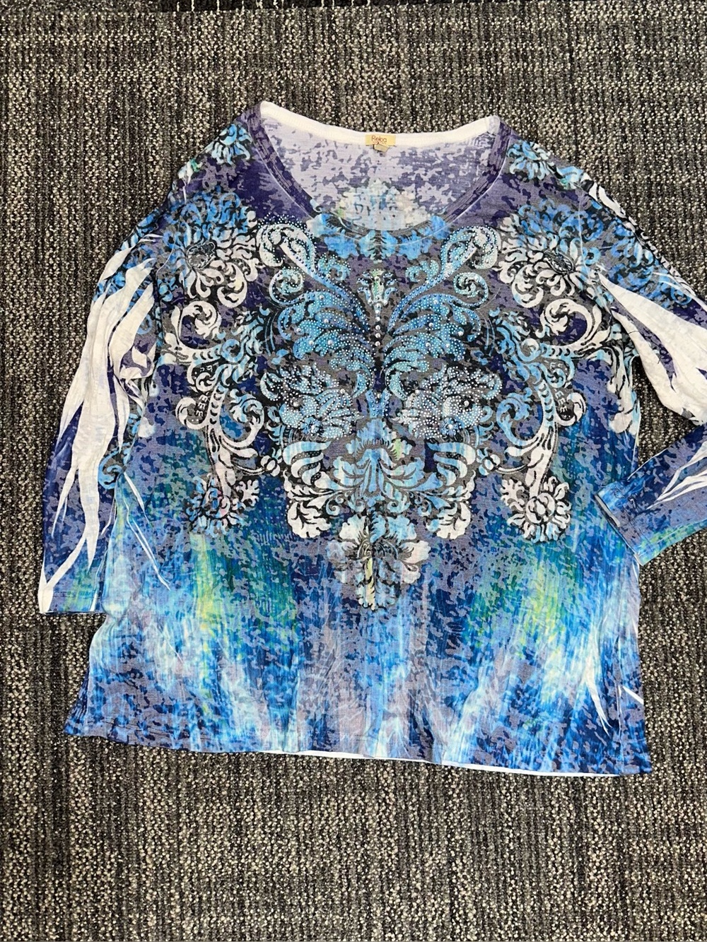 Reba Blue & White Ornate Print Long Sleeve Tee